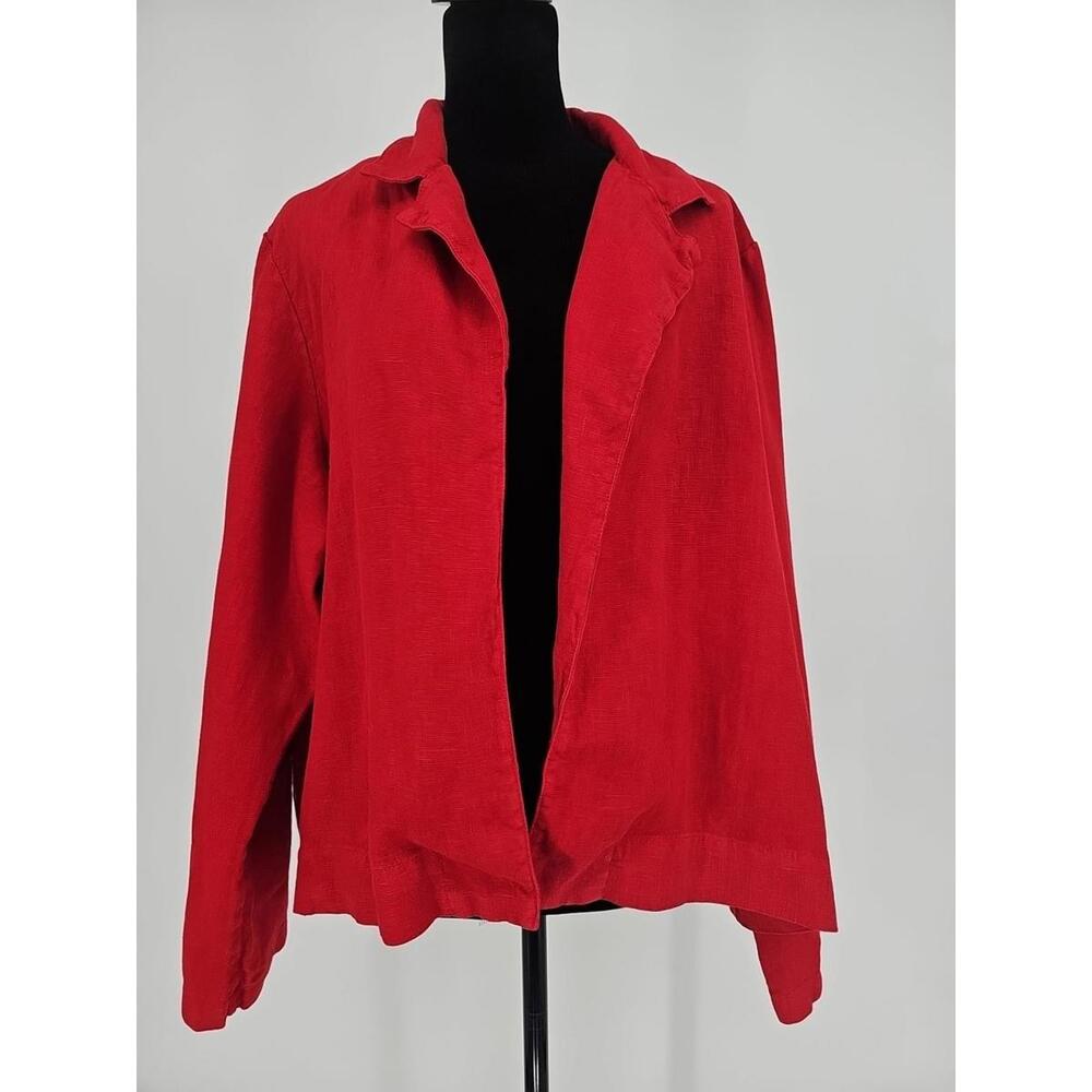 Bryn Walker Linen Blazer Large Red Round Notch Lapel Neck Open-Front Jacket